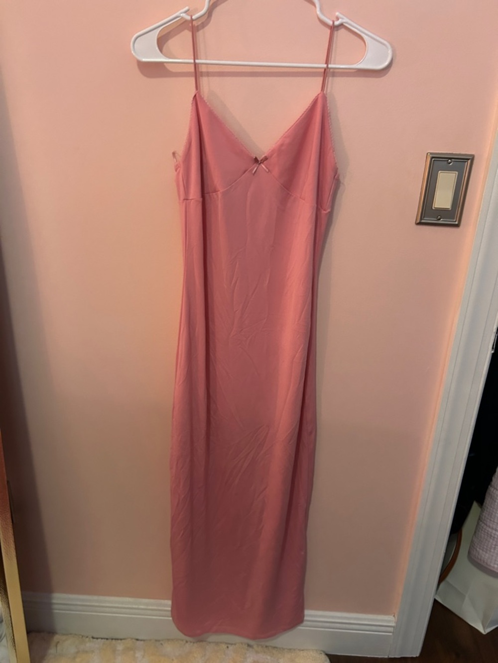 Women's Pink Maxi Slip Dress - Elegant V-Neck Spaghetti Strap